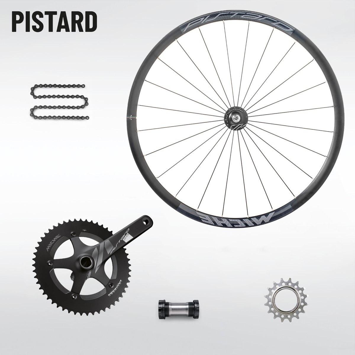 PISTARD 2.0 BLACK. Wheels: All black 'brakeless' alloy rims, single-side  threaded hub. Crankset: Black 170mm 2-pc, 5 arm, Chainring: black 48t / 144 